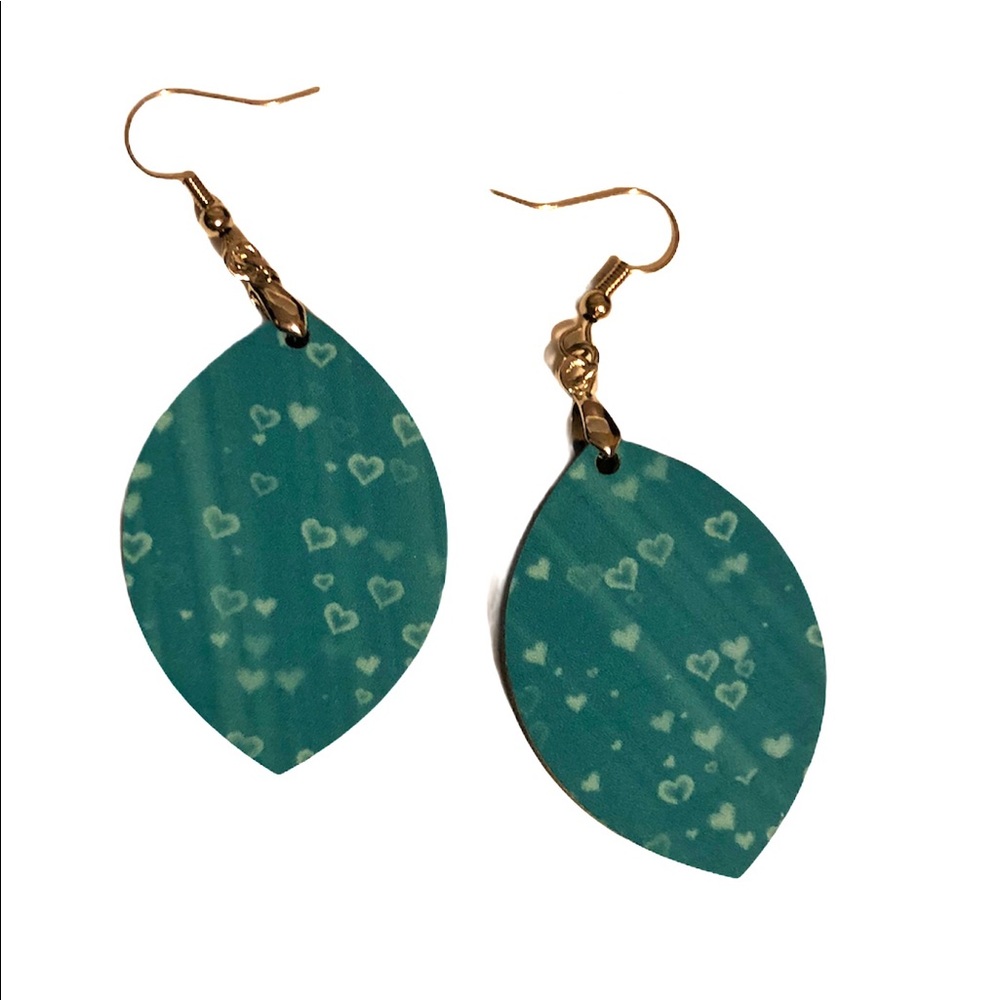 Unique handmade teal heart dangling earrings